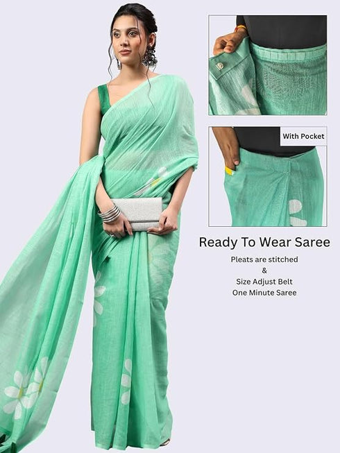 Vasthrlay Green Womens Ready To Wear One Minute Linen Fabric Saree