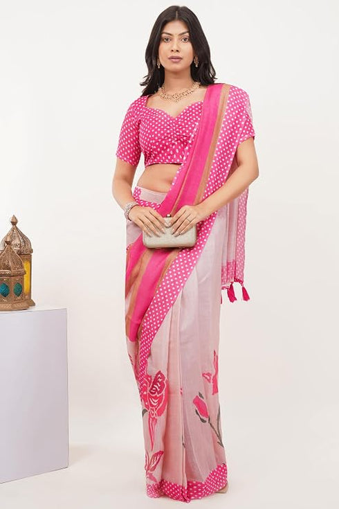 Vasthrlay Pink Peach Digital Print Linen Ready To Wear Saree For Women