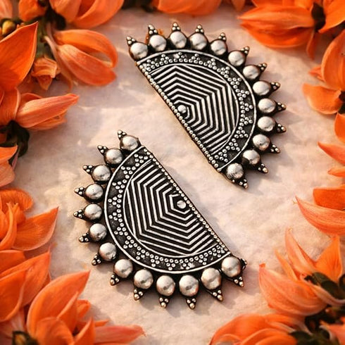 Oxidized Silver Earrings Half Moon Geometric Tribal Design