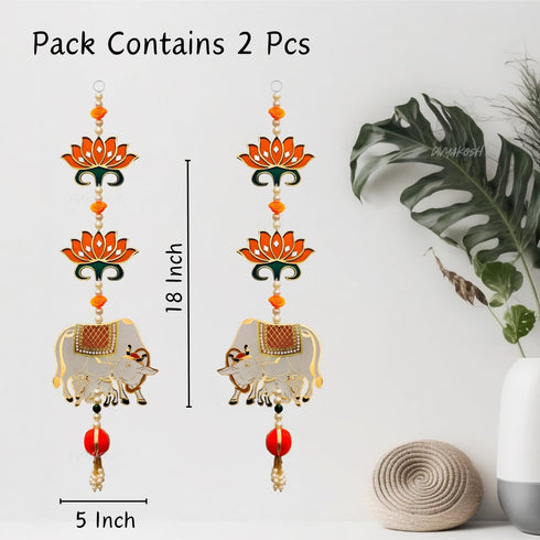 Mandir Door Decorations Hanging | Orange Lotus with Cow Calf Latkan