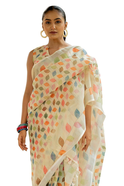 Vasthrlay Fashion Assamese Digital Cream Ethnic Wear