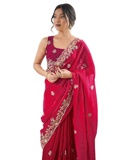 Vasthrlay Scalloped Embroidery Unstitched Red Saree