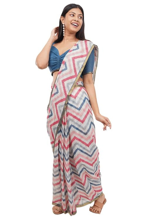 Vasthrlay Multicolour Multi Print Design Linen Ready To Wear Saree