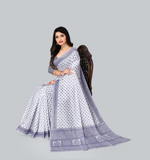 Vasthrlay Cotton Blue White Saree