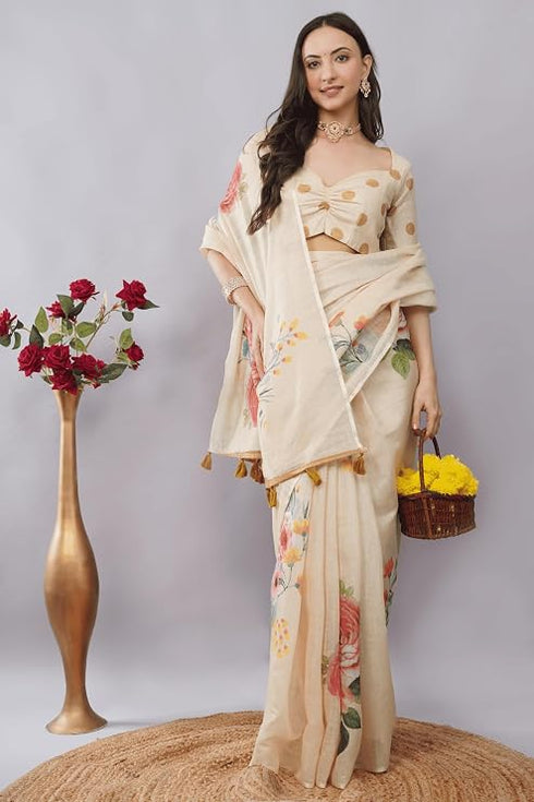 Vasthrlay Off White2 Rose Botanical Printed Linen Saree With Self Woven Border And Unstitched Blouse Piece