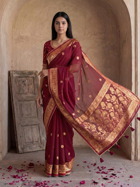 Vasthrlay Georgette Printed Unstitched Maroon Saree