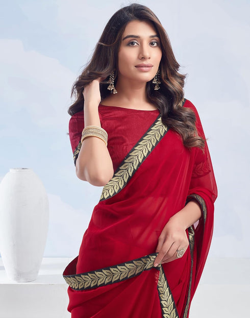 Vasthrlay Georgette Boarder Unstitched Red Saree