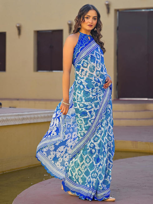 Vasthrlay Georgette Printed Navy Navy Blue Saree