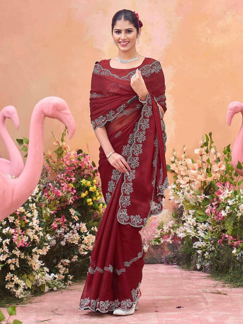 Vasthrlay Shimmer Chiffon Unstitched Maroon Saree
