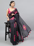 Vasthrlay Dark Black Linen Floral Printed Saree With Solid Unstitched Linen Blouse Piece