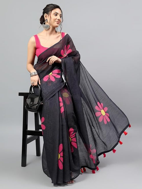 Vasthrlay Black Womens Ready To Wear One Minute Linen Fabric Saree