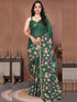 Vasthrlay Green Floral Linen Saree With Solid Black Unstitched Blouse