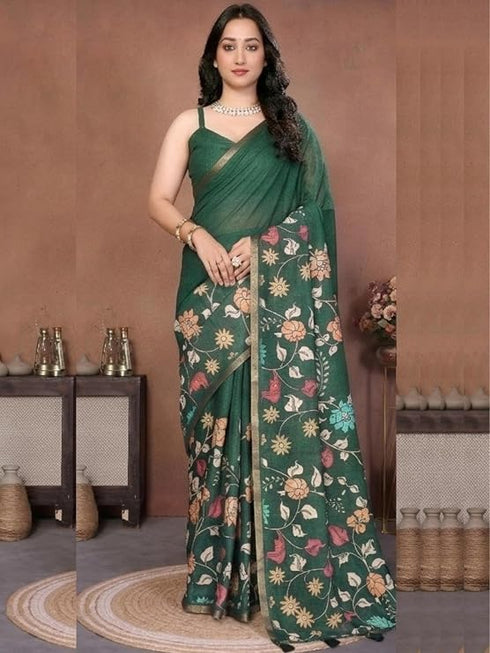 Vasthrlay Green Floral Linen Saree With Solid Black Unstitched Blouse