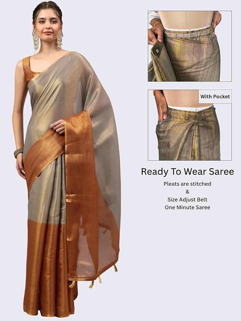 Vasthrlay Brown Womens Ready To Wear One Minute Polyester Erode Zari Saree