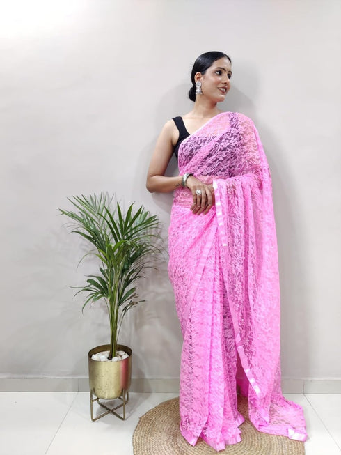 Vasthrlay Pink Unstitched Saree