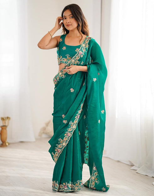 Vasthrlay Scalloped Embroidery Teal Green Saree With Unstitched Blouse Piece