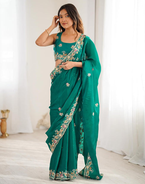 Vasthrlay Scalloped Embroidery Unstitched Red Saree