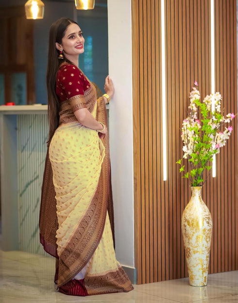 Vasthrlay Banarasi Jacquard Unstitched Beige Saree