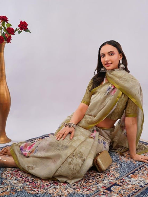 Vasthrlay Womens Beige Floral Digital Print Linen Saree With Unstitched Blouse Piece
