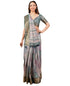 Vasthrlay Multicolour Geometric Triangle Print Polyester Saree With Muted Gold Zari Border And Teal Blue Ruched Unstitched Blouse Piece