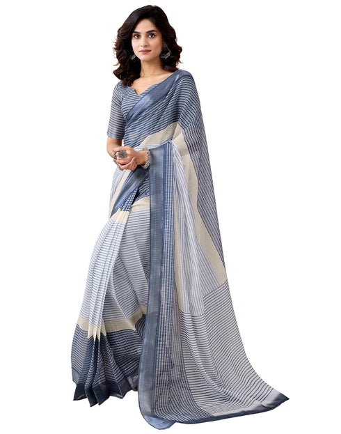 Vasthrlay Womens Printed Grey And White Saree With Unstitched Blouse Piece