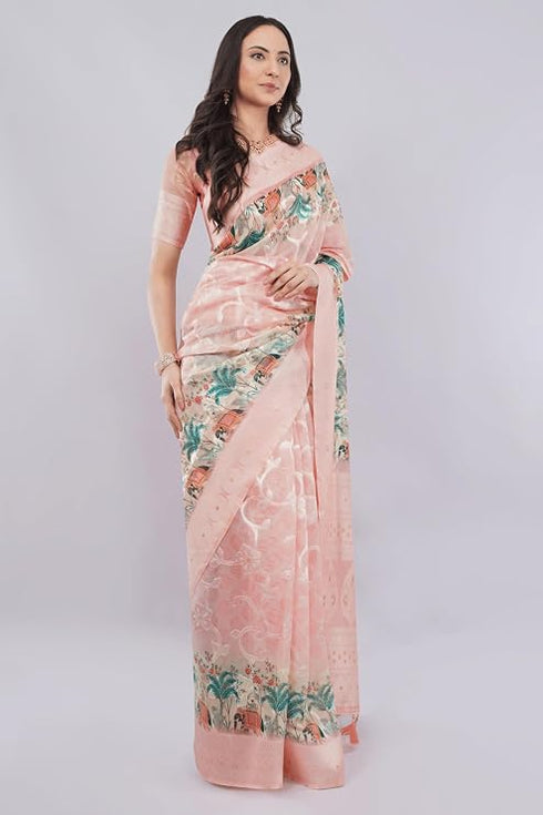 Vasthrlay Rose Pink Floral Print Chanderi Silk Blend Saree With Unstitched Blouse Piece