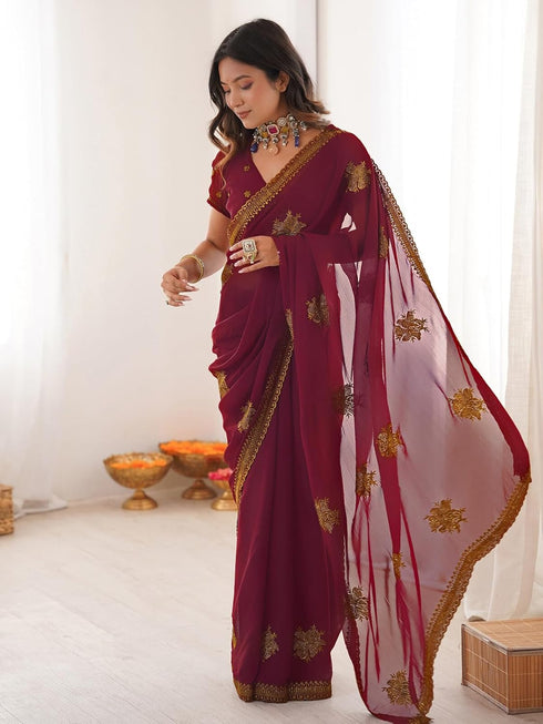 Vasthrlay Georgette Embroidery Unstitched Dark Green Saree
