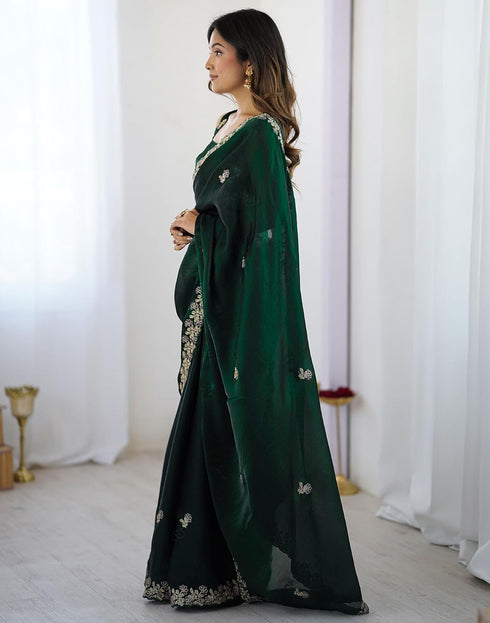 Vasthrlay Scalloped Embroidery Unstitched Rani Pink Saree