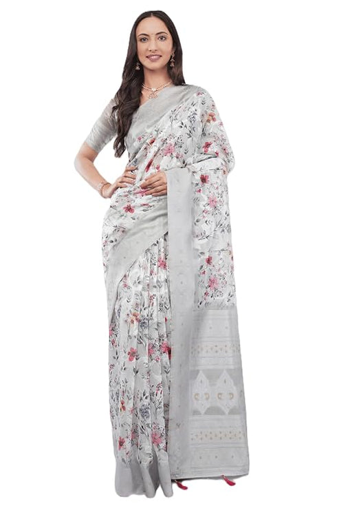 Vasthrlay Off White1 Floral Semi Sheer Chanderi Saree With Champagne Gold Zari Pallu And Unstitched Blouse Piece