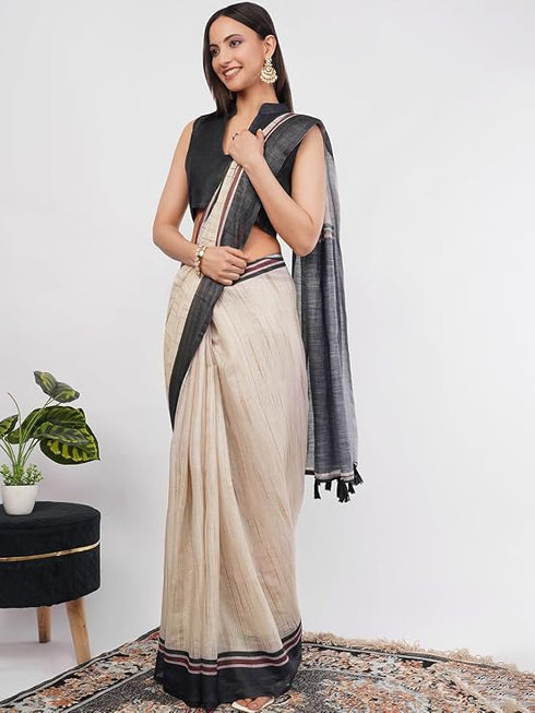 Vasthrlay Beige Printed Linen Saree With Unstitched Blouse Piece