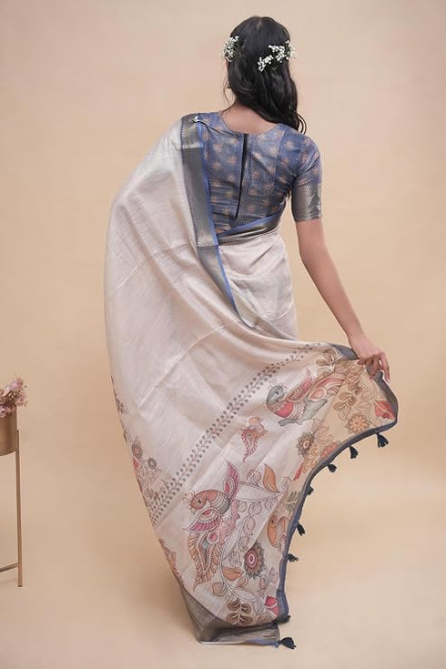 Vasthrlay Cream Abstract Print Polyester Saree With Antique Zari Border And Unstitched Blouse Piece