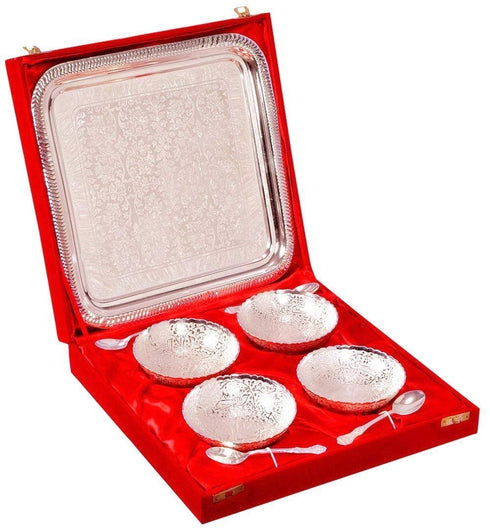 R Ayurveda Copper Silver Plated Brass Bowl Set with Tray