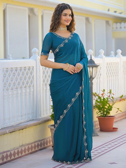 Vasthrlay Scalloped Embroidery Yellow Saree