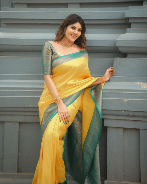 Vasthrlay Mustard Yellow Jacquard Traditional Unstitched Saree
