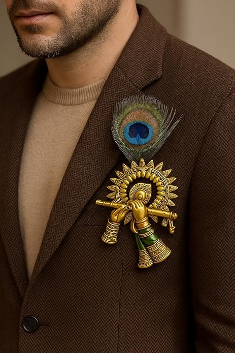 Handcrafted Krishna Flute Brooch with Peacock Feather