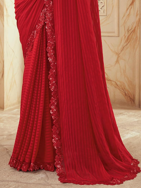 Vasthrlay Womens Georgette Red Saree With Red Unstitched Blouse Piece