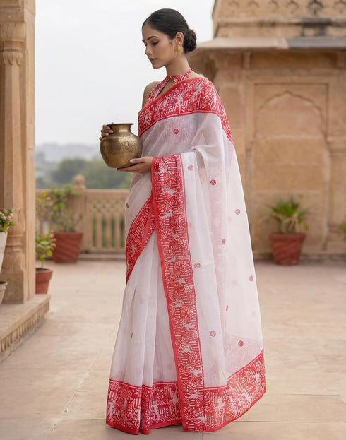 Vasthrlay Womens Printed Unstitched Off White Saree