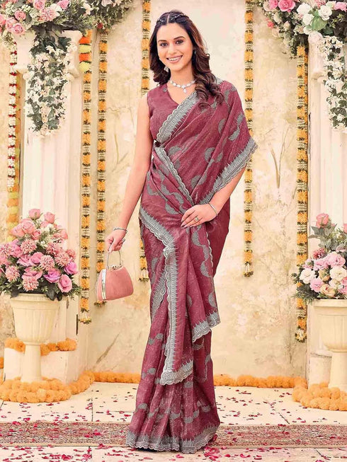 Vasthrlay Scalloped Embroidery Mustard Mustard Yellow Saree