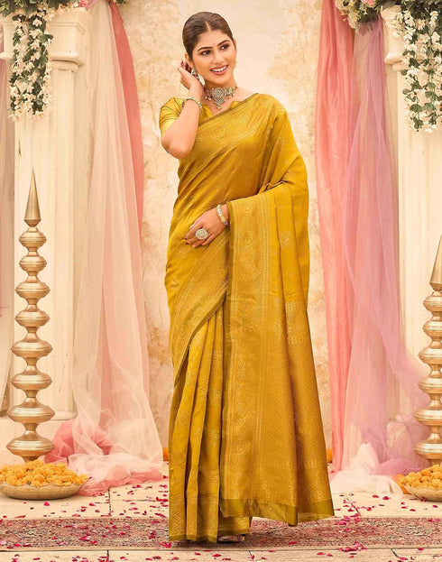 Vasthrlay Womens Weaving Mustard Yellow Saree With Unstitched Blouse Piece