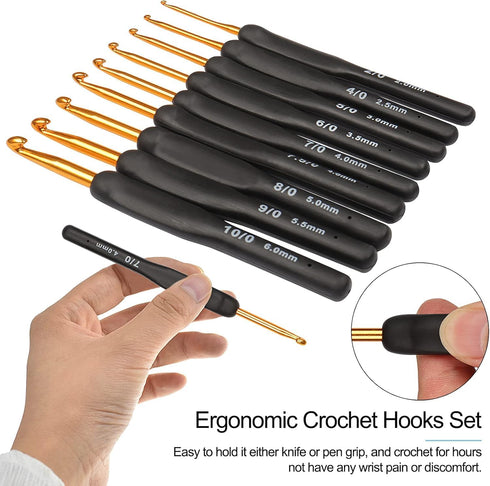 Crochet Set, Complete Crochet Kit for Beginners with 9 Ergonomic Hooks, 6 Soft Yarn Balls