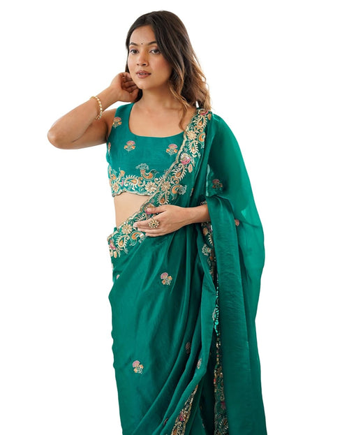 Vasthrlay Scalloped Embroidery Unstitched Red Saree