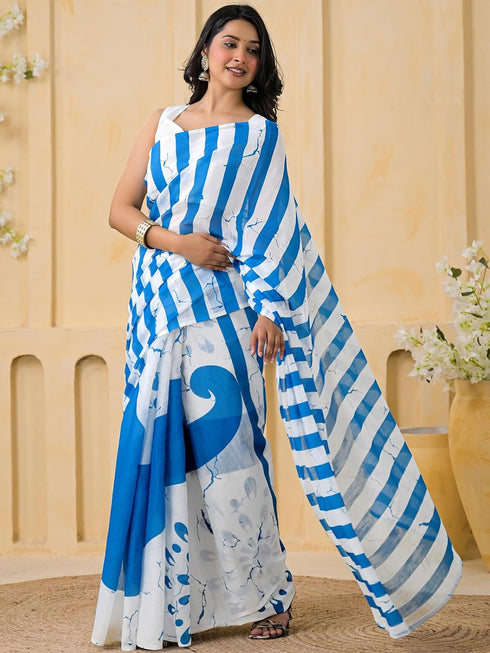 Vasthrlay Womens Printed Blue Saree With Unstitched Blouse Piece