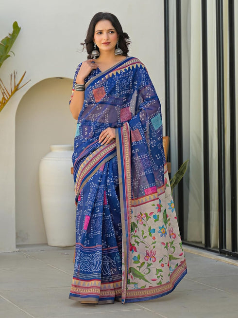 Vasthrlay Bandhani Embroidery Unstitched White Saree