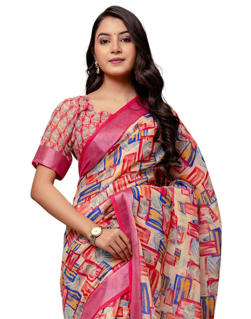 Vasthrlay Womens Printed Unstitched Cream Saree