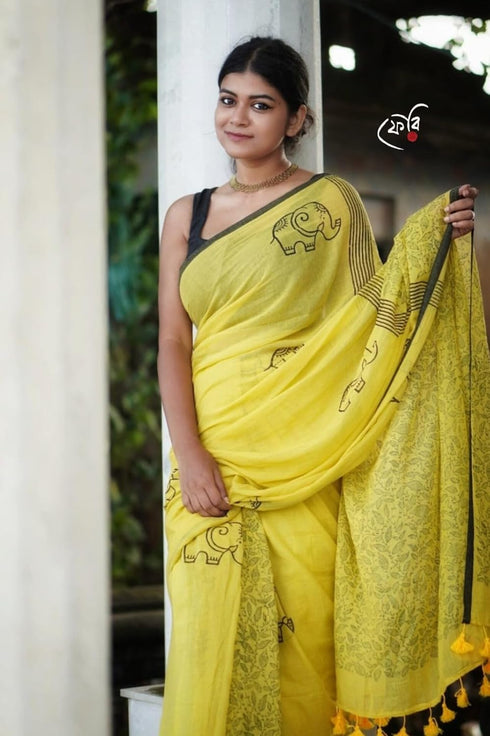 Vasthrlay Yellow Cotton Printed Elephant