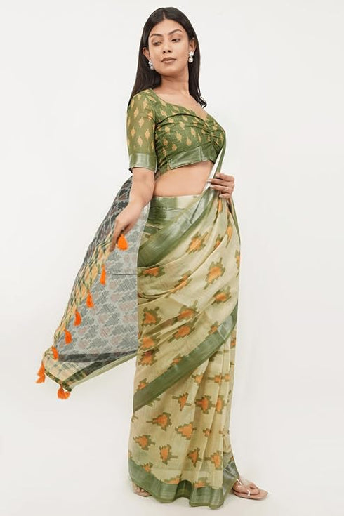 Vasthrlay Womens Green Paisley Printed Linen Saree With Unstitched Blouse Piece