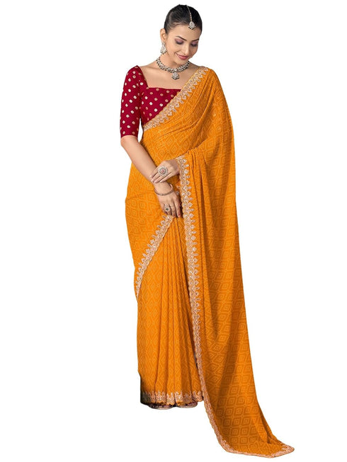 Vasthrlay Georgette Embrodery Unstitched Yellow Saree