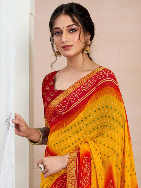 Vasthrlay Chiffon Bandhani Unstitched Yellow Saree