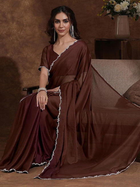 Vasthrlay Chiffon Scalloped Brown Saree