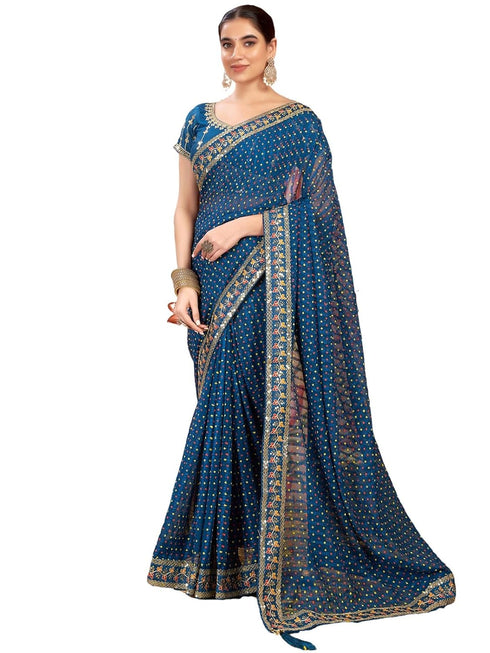 Vasthrlay Embroidery Bandhani Unstitched Rama Green Saree